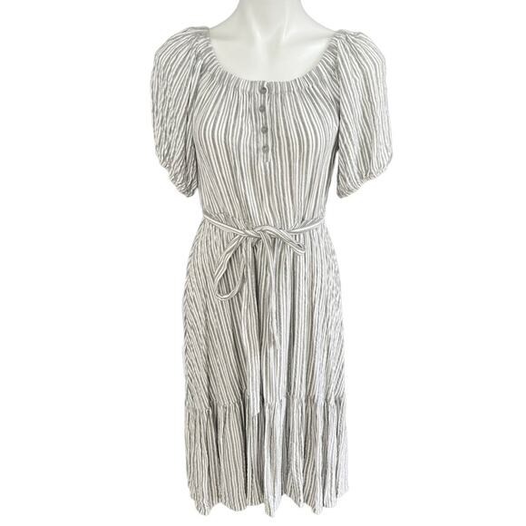 V by Violet Weekend Dress Striped Belted Gray White Tiered Prairie size small - Picture 1 of 4